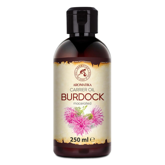 AROMATIKA Burdock Oil bottle for skin and hair nourishment.
