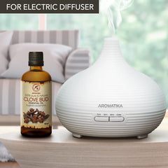 AROMATIKA Clove Bud Oil drops in diffuser support mood-boosting ambience.