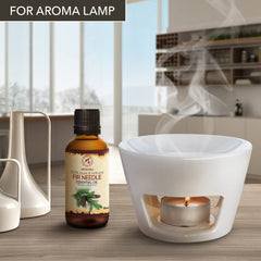 AROMATIKA Fir Needle Oil label close-up emphasizing purity and natural sourcing.