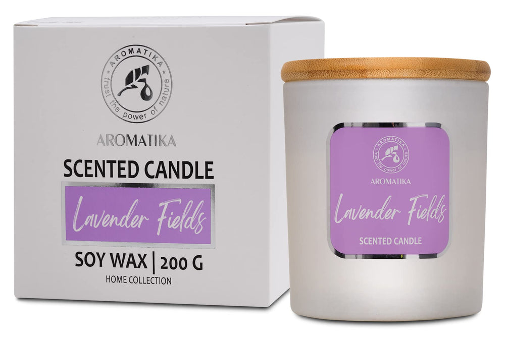 AROMATIKA Lavender Fields candle glass front showcases elegant design and calming fragrance.