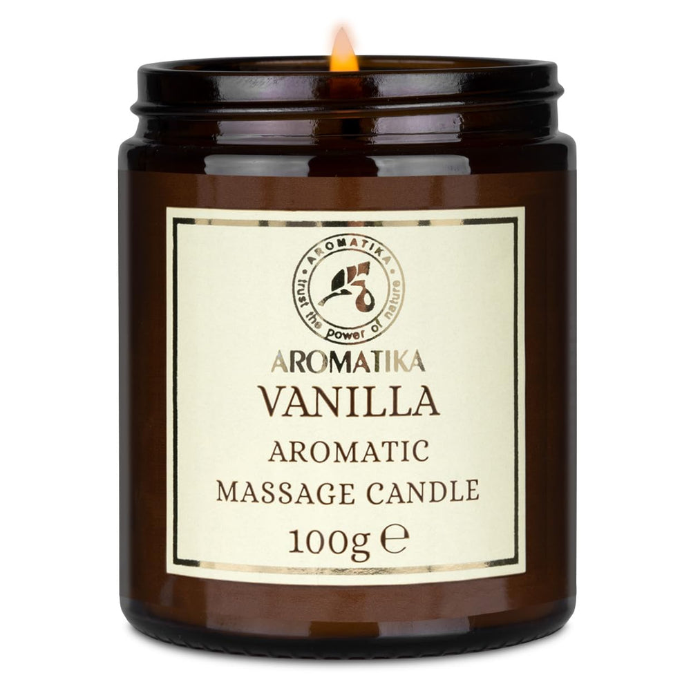 AROMATIKA Scented Massage Candle Vanilla with oil melt-in massage for silky skin after-use.