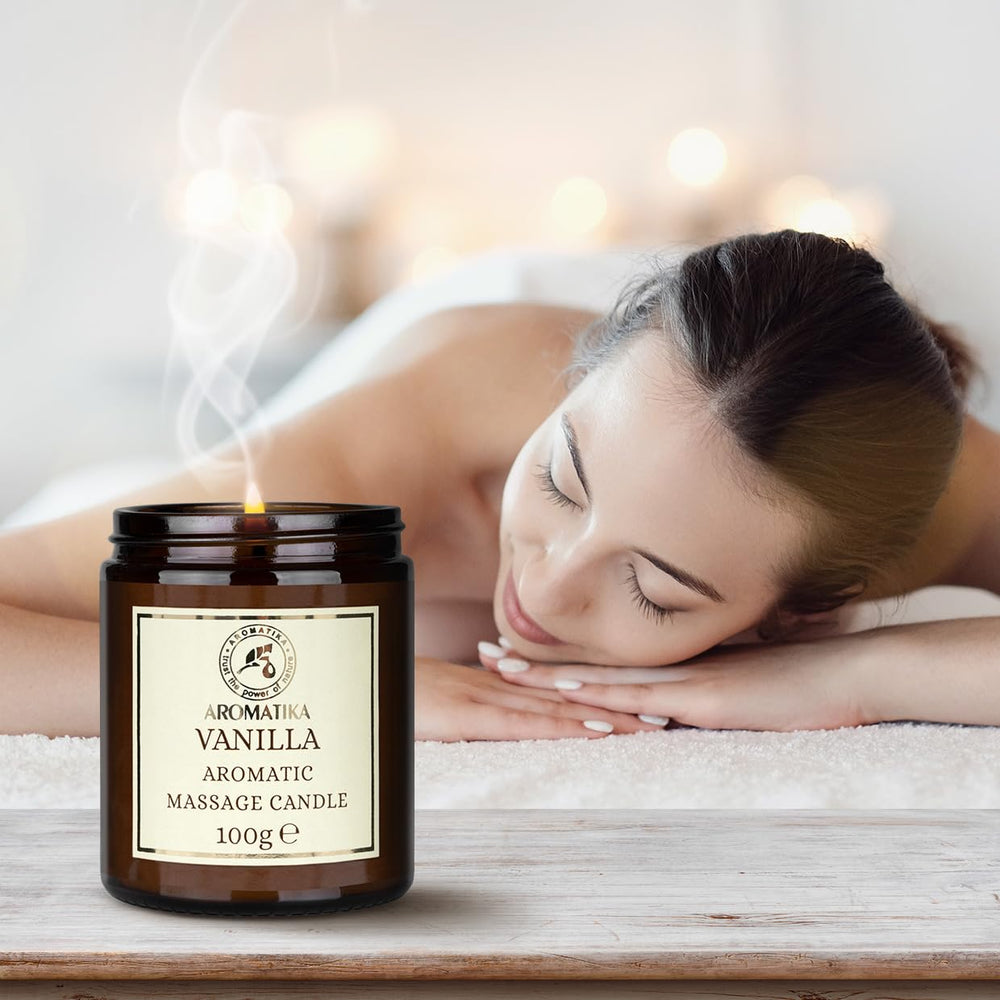 AROMATIKA Scented Massage Candle Vanilla product shot highlights sustainable soy wax and skin-loving oils.