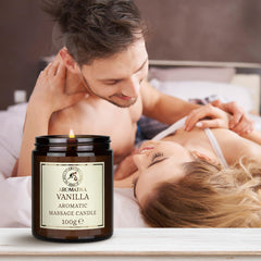 AROMATIKA Scented Massage Candle Vanilla shows creamy vanilla aroma during a calm self-care session.
