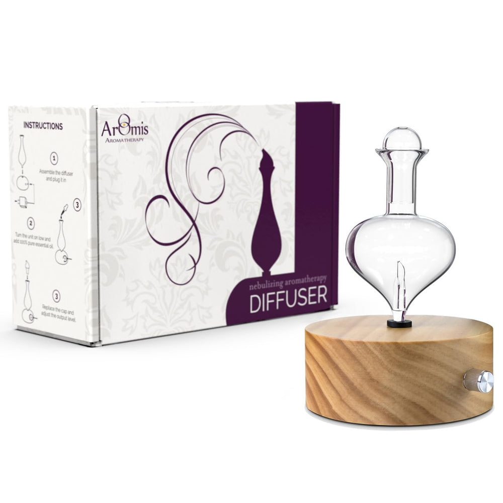 ArOmis premium glass nebulizer with hand-blown borosilicate glass reservoir and natural pine wood base
