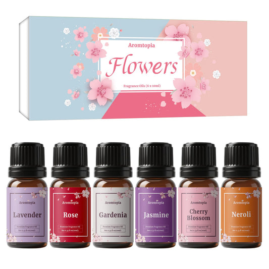 Aromtopia 6x10ml floral fragrance oils in a bottle arrangement
