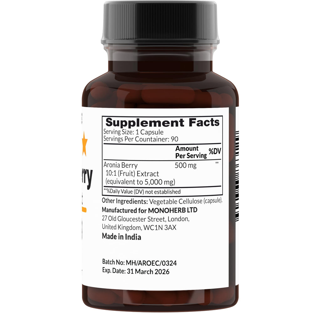 Close-up of Aronia Berry Extract capsules and bottle