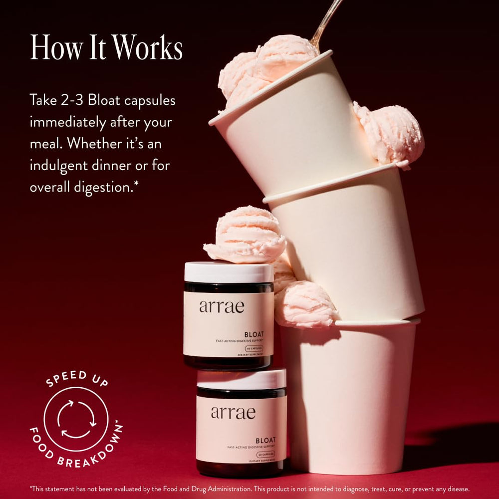 Front packaging of Arrae Bloat product showing 30 capsules