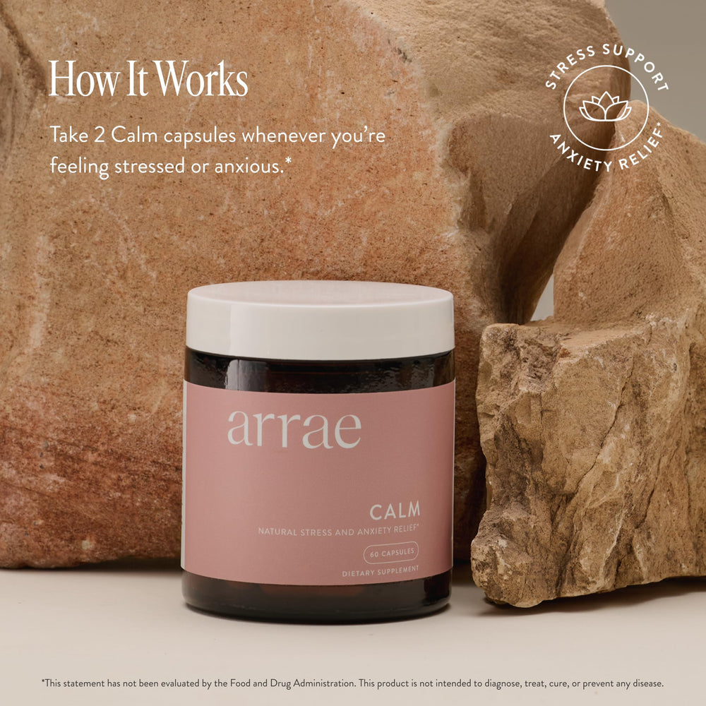Arrae Calm capsules pour closeup highlights easy dosing for on-the-go calm.