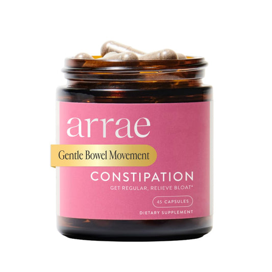 Arrae Constipation Relief capsules bottle — gentle regularity support overnight.