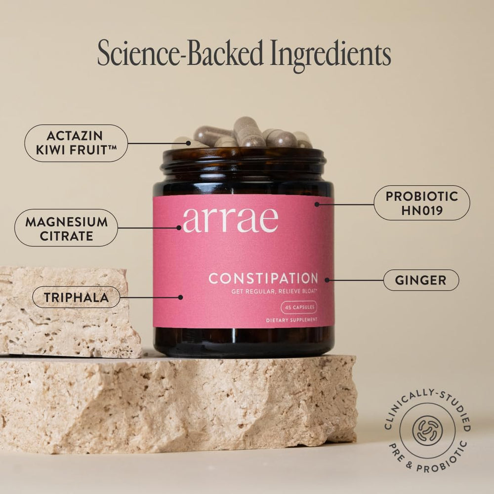 Arrae Constipation Relief capsules label close-up — highlights natural ingredients and non-habit forming formula.