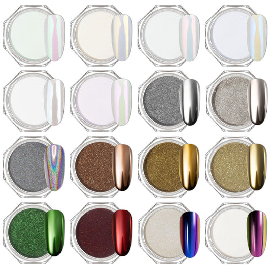 Artdone chrome nail powder collection shows 16 colors for a vivid mirror finish on gel nails.