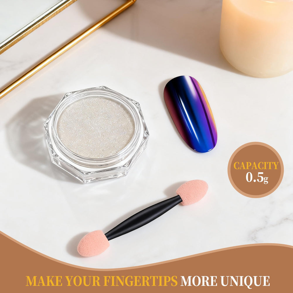 Artdone mirror chrome powder adds reflective glow on glossy top coats for a chic look.