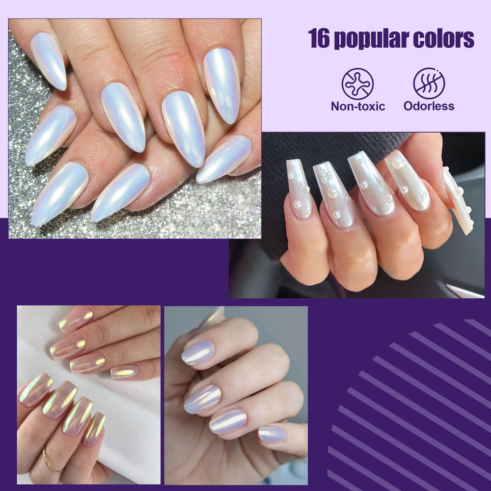 Artdone white-based pearl powder creates subtle, luminous pearlescent accents on light nail colors.