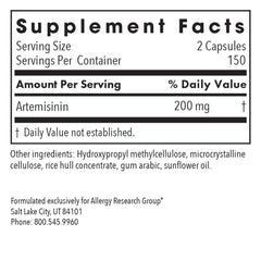 Label and ingredients of Artemisinin GI tract supplement