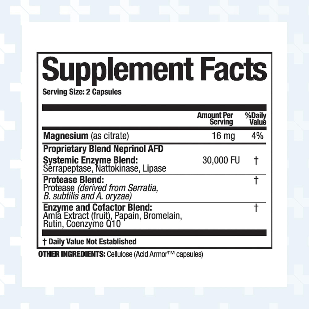 Neprinol AFD bottle label close up highlights enzyme blend.