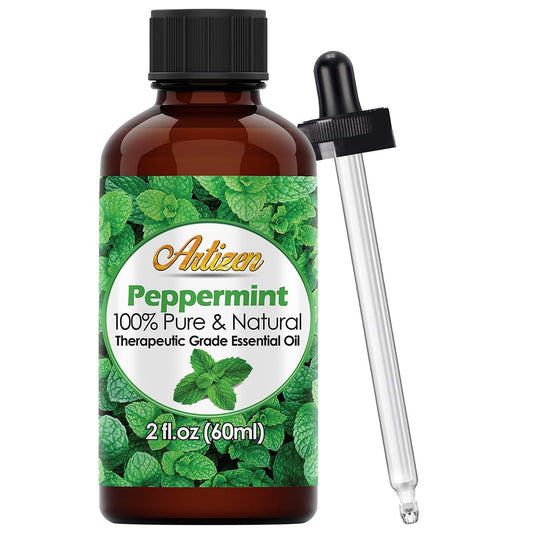 Artizen Peppermint Essential Oil 2oz bottle with UV-protected glass packaging