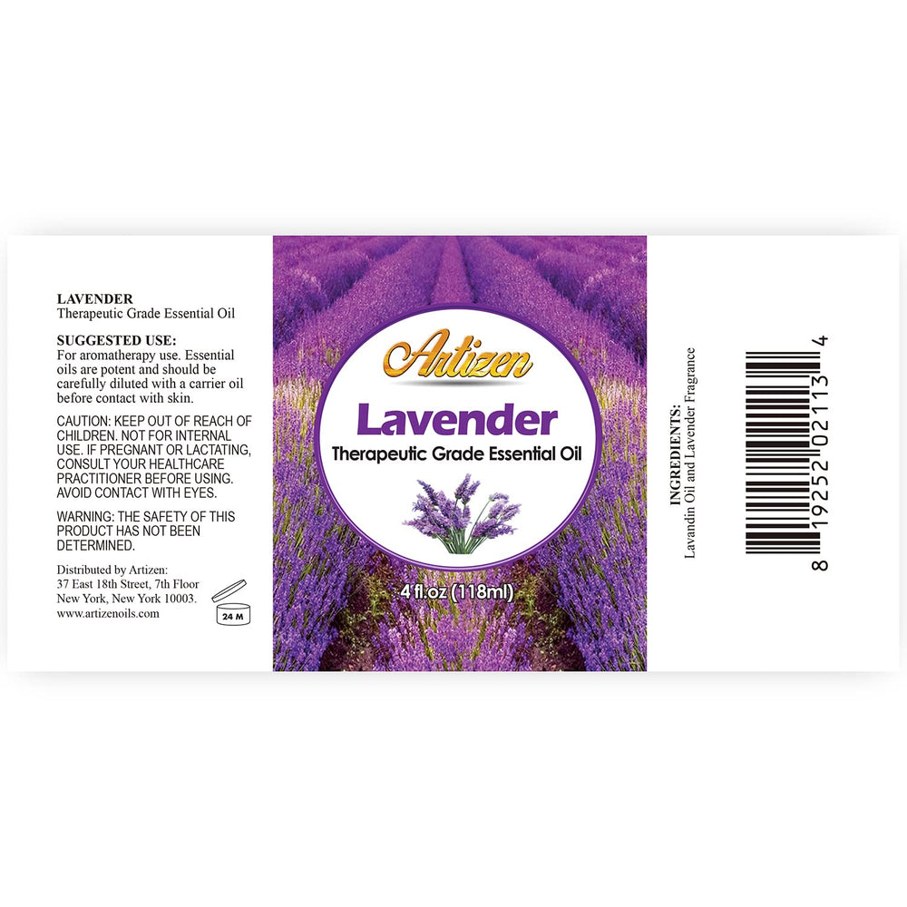 Close-up of Artizen Lavender Essential Oil bottle in UV glass