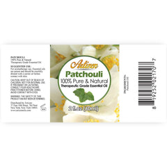 Close-up of Artizen Patchouli oil bottle label 2oz