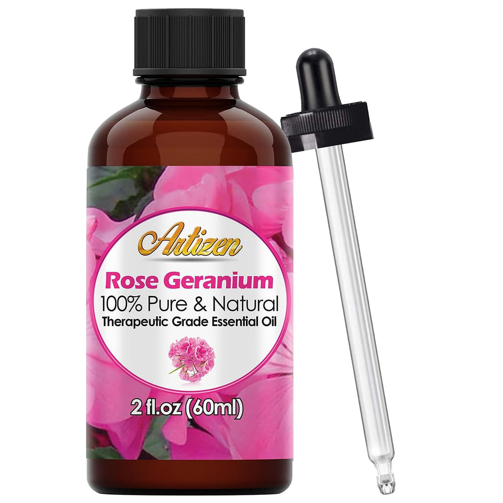 Artizen Rose Geranium essential oil 2oz bottle with dropper - front view