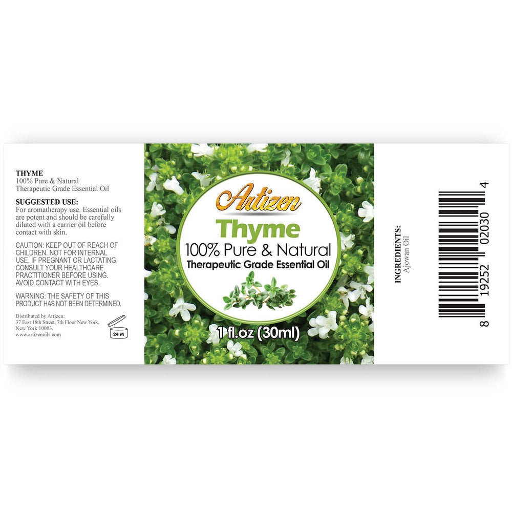 Artizen Thyme Essential Oil bottle label close-up