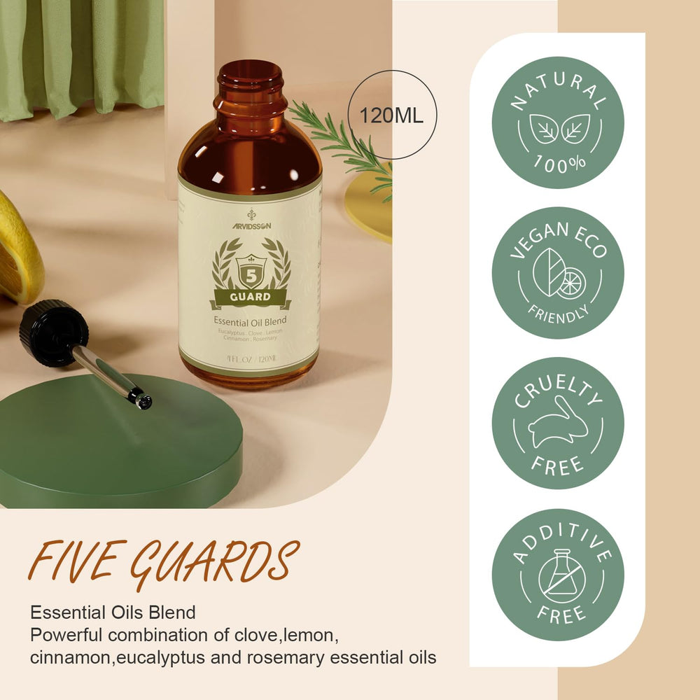 Label on ARVIDSSON Five Guard essential oil blend bottle.