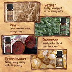 Pine, Cypress and Juniper Berry essential oils in 10ml bottles