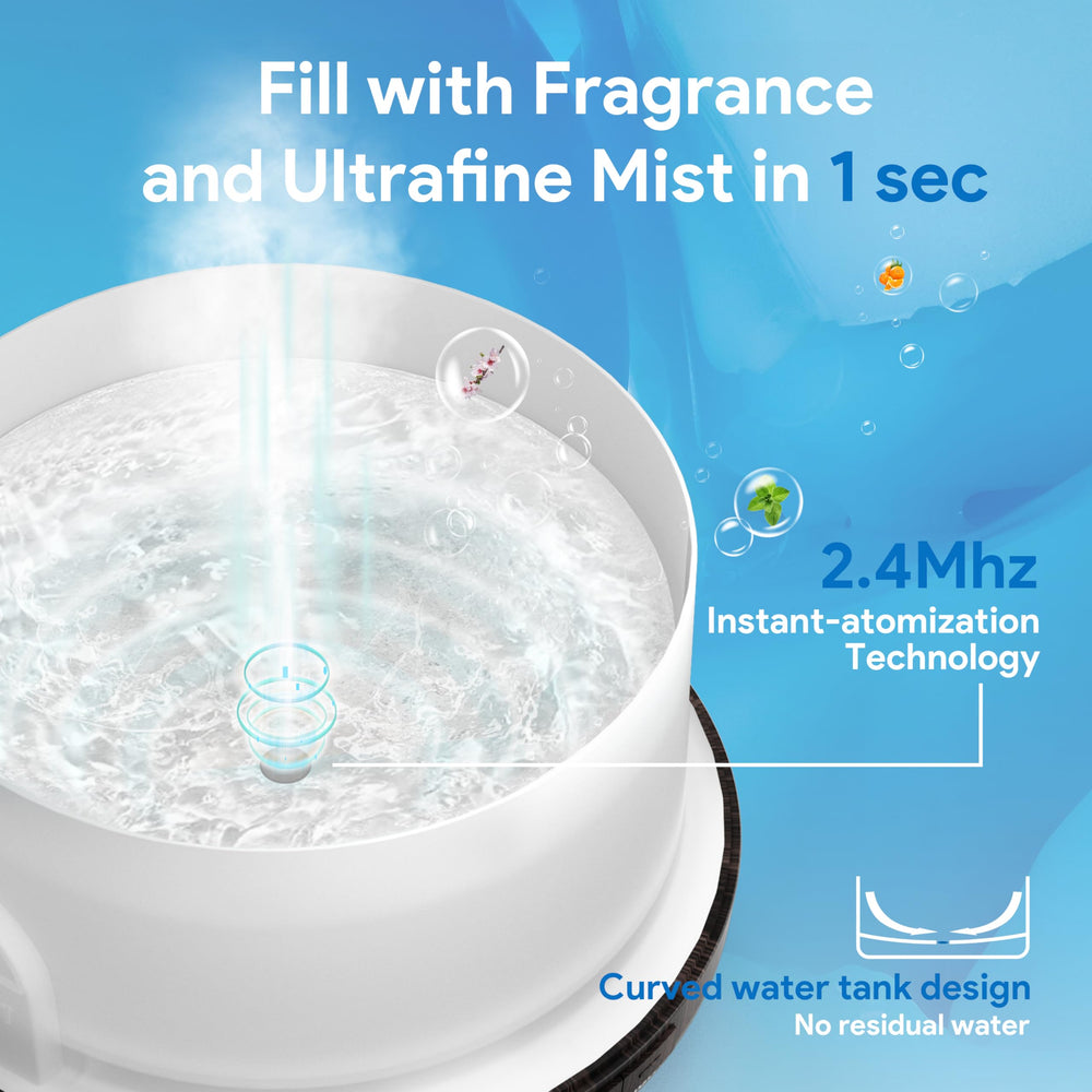 Close up of mist from ASAKUKI 500ml diffuser with water tank visible.