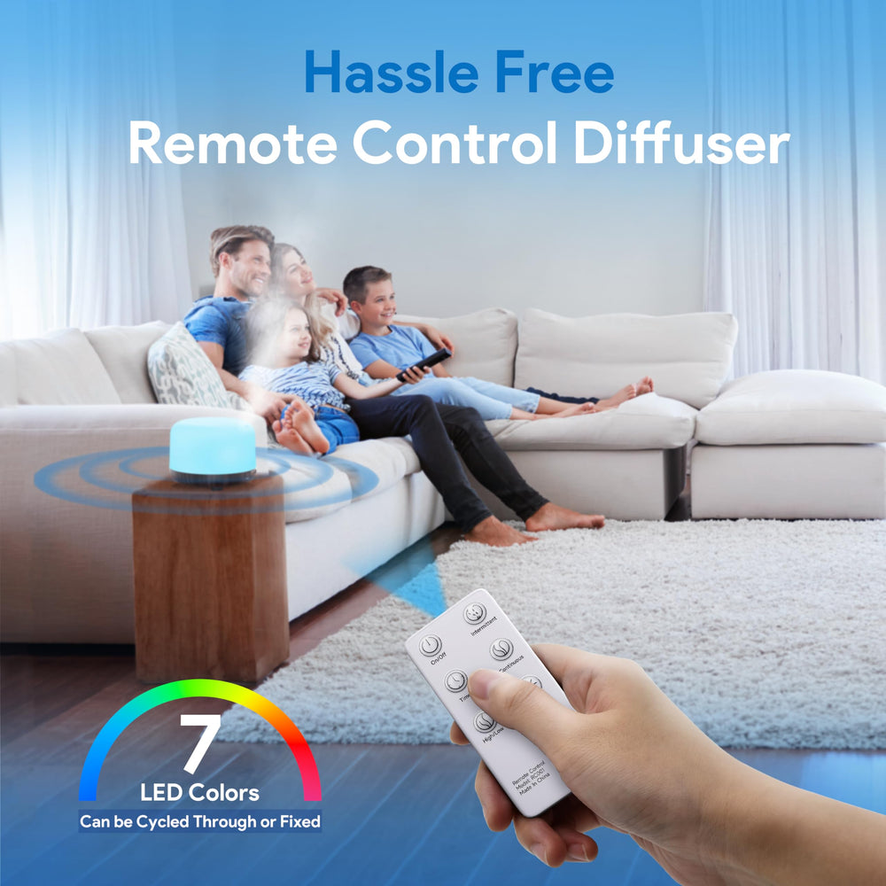 Remote control for ASAKUKI diffuser showing timer and light settings.