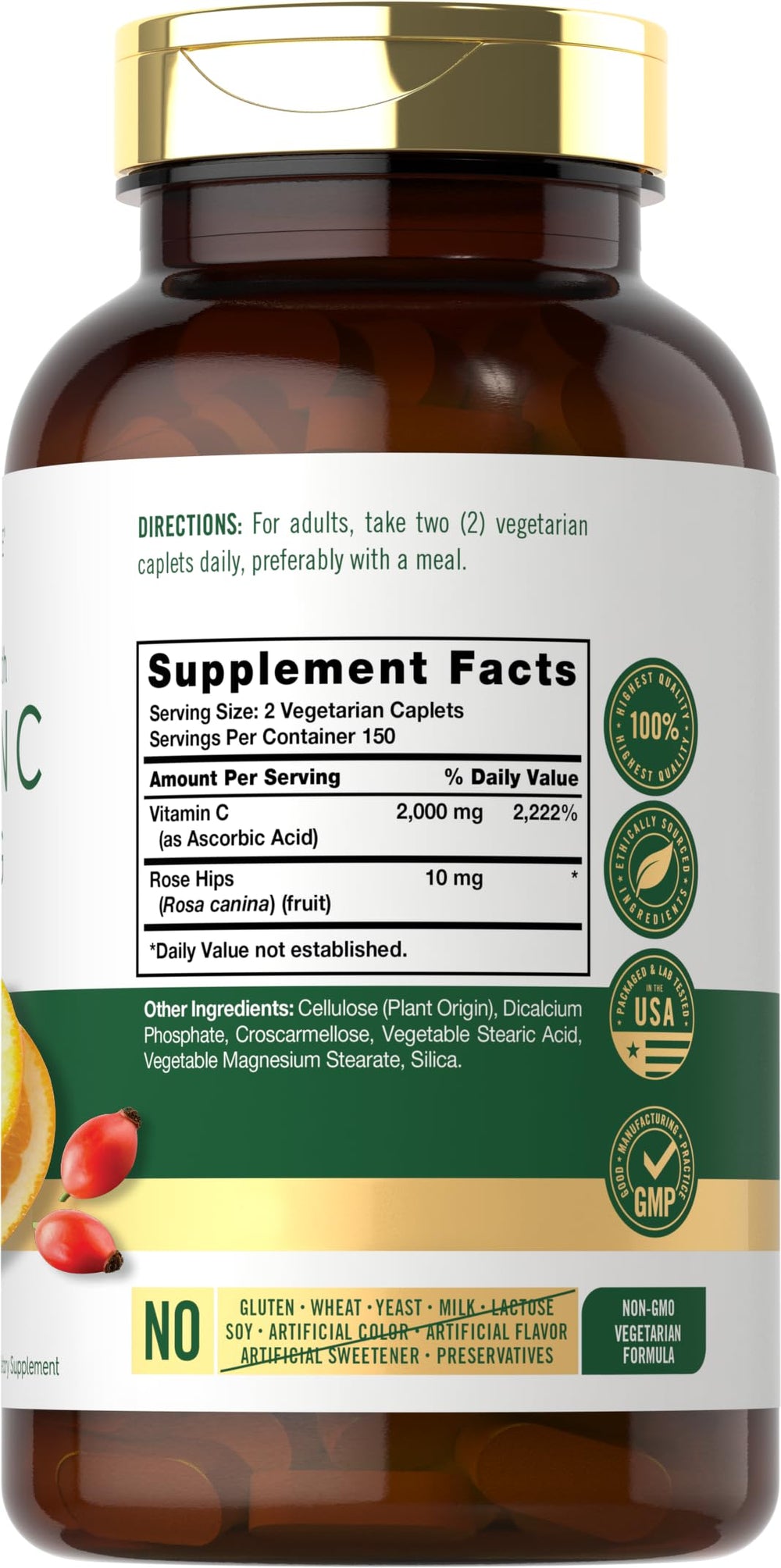 Ascorbic acid with wild rose hips ingredients close-up