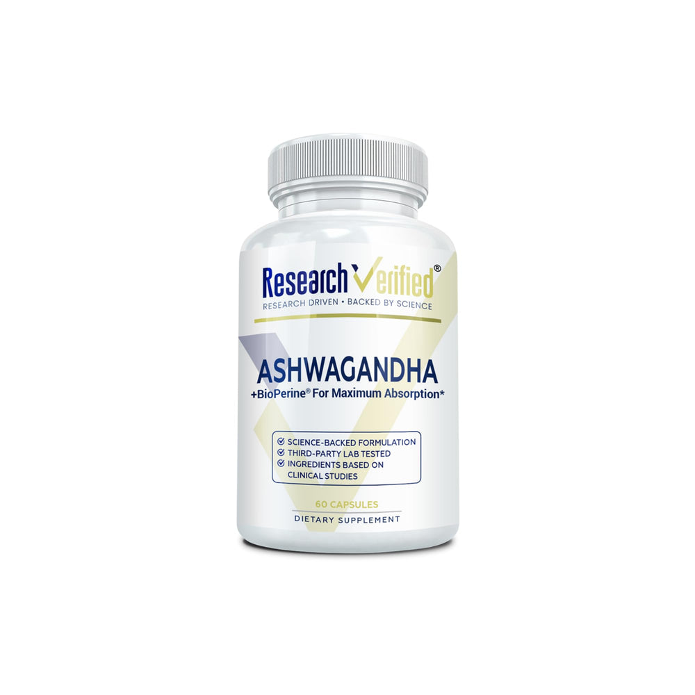 Front view of Research Verified Ashwagandha bottle with 60 vegan capsules
