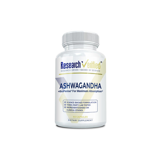 Front view of Research Verified Ashwagandha bottle with 60 vegan capsules