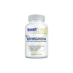 Front view of Research Verified Ashwagandha bottle with 60 vegan capsules