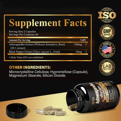 Bottle and packaging for 7000mg Ashwagandha 20:1 extract capsules