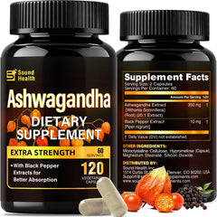 Front view of Soundhealth 7000mg Ashwagandha 20:1 extract bottle with 120 capsules