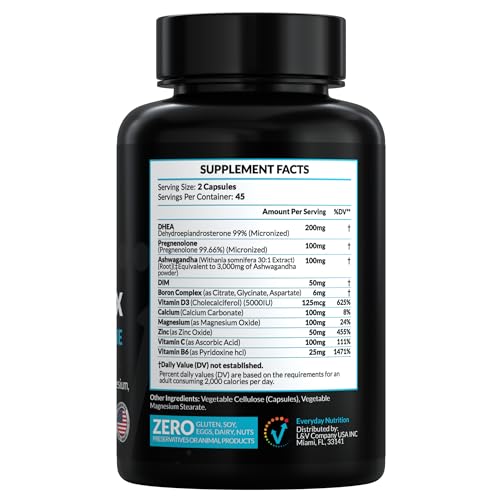 Bottle highlighting Ashwagandha and DHEA-Pregnenolone ingredients