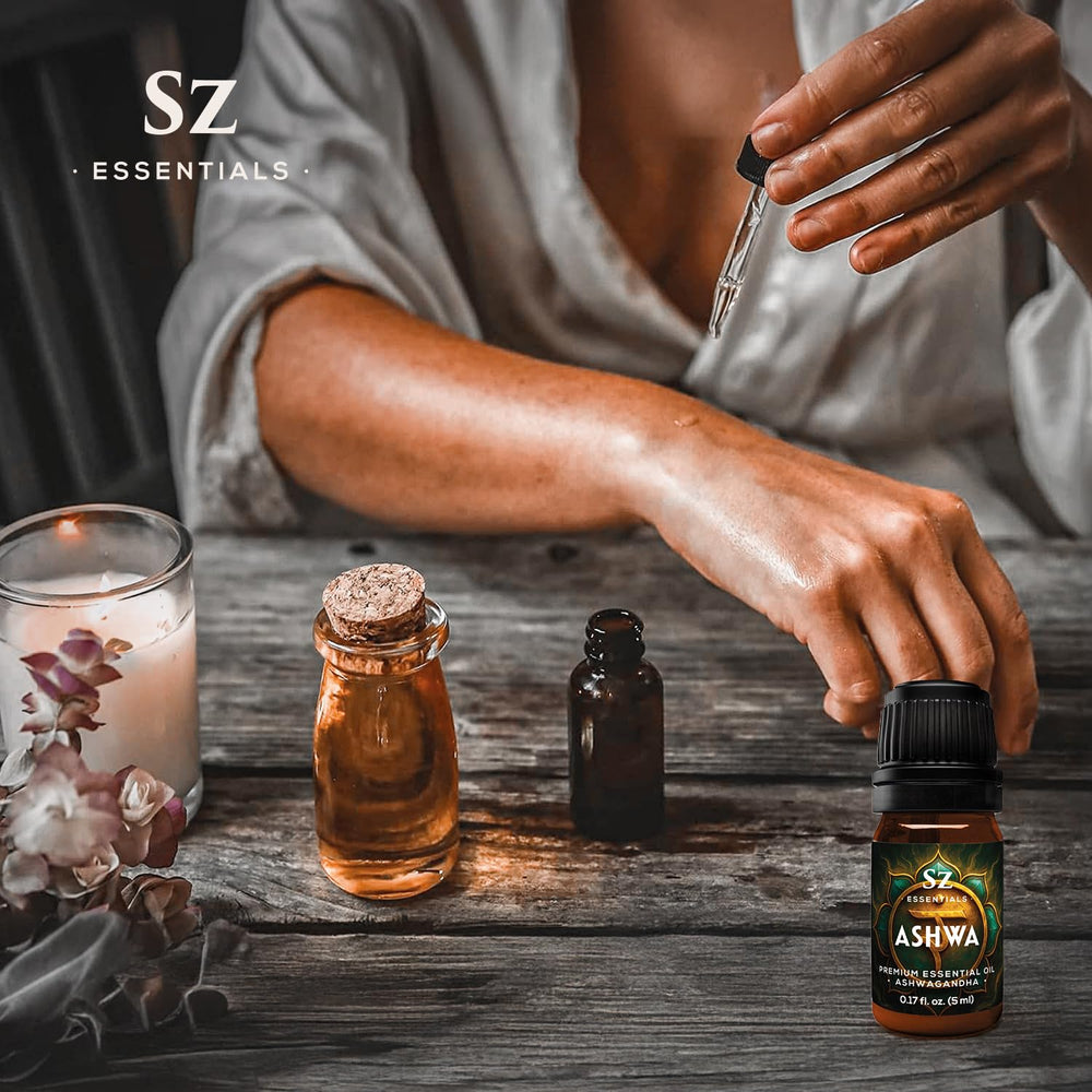Ashwagandha root and oil bottle on neutral background