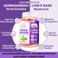 Gummies bottle with four adaptogenic herbs: ashwaganda, lion's mane, bacopa, rhodiola, holy basil