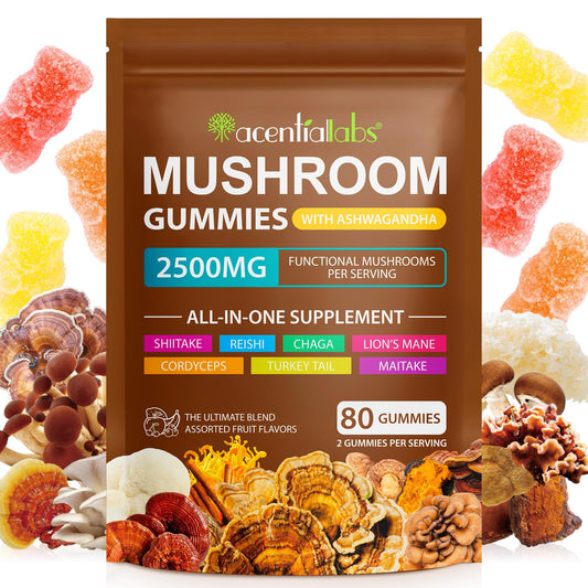 Front view of Ashwagandha Gummies with Super Mushroom Blend bottle - 80 count