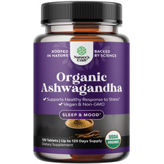 Front view of High Strength Organic Ashwagandha tablets bottle