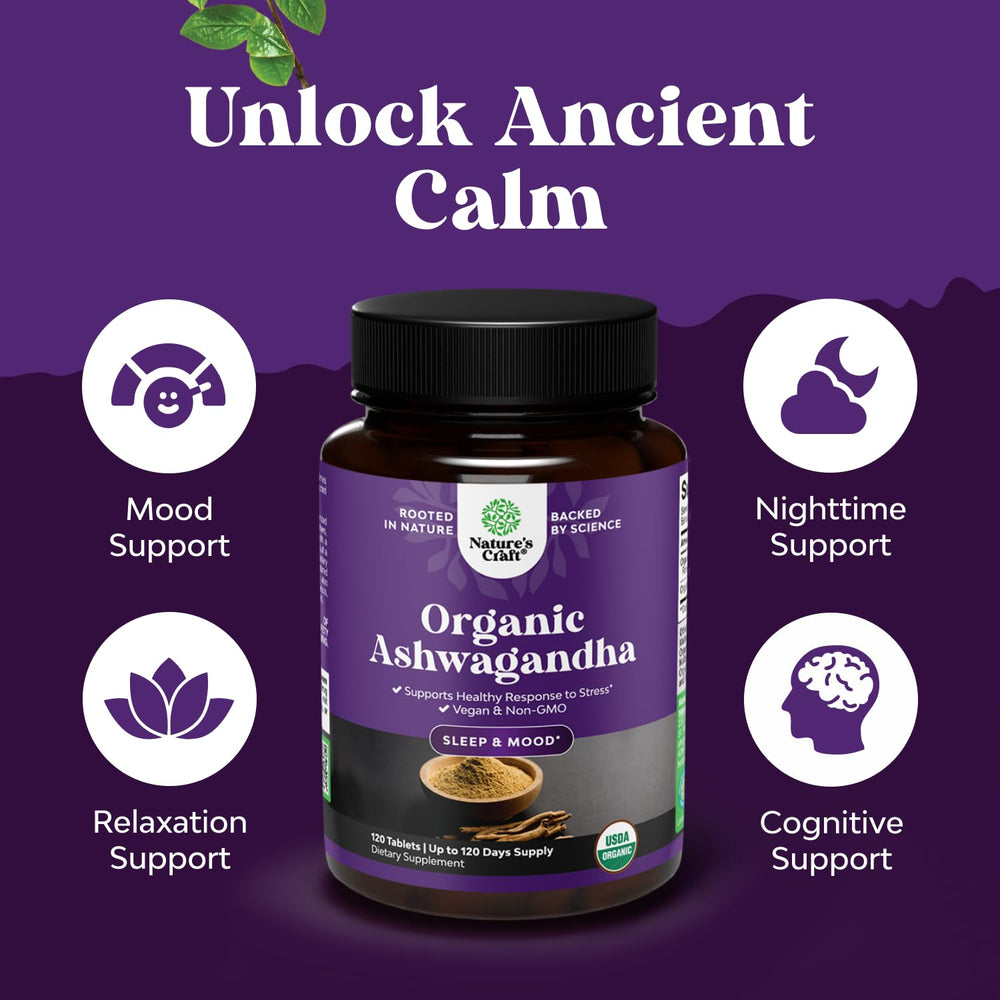 Product label for High Strength Organic Ashwagandha tablets