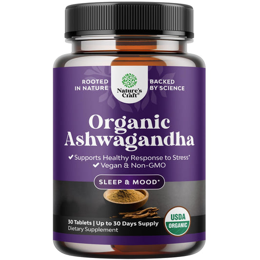 Bottle of high-strength organic ashwagandha root tablets (30 count).
