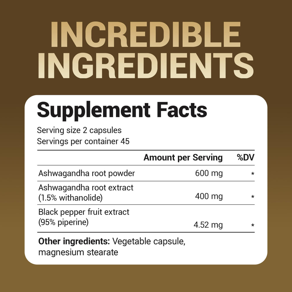 Ashwagandha root powder and extract (600mg powder, 400mg extract)