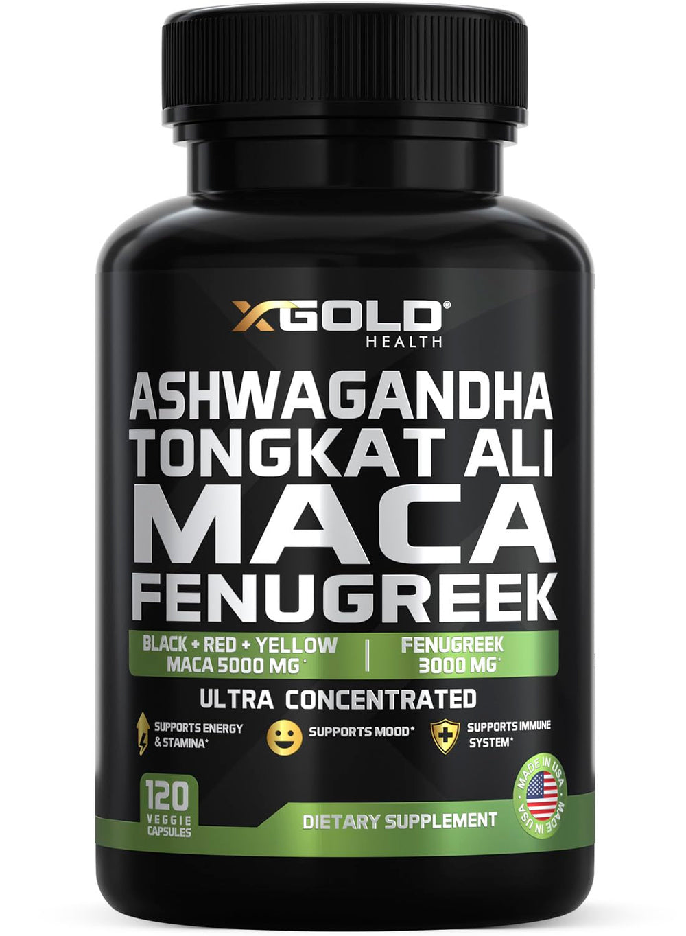 Hero image of Ashwagandha 5000mg + Tongkat Ali 1000mg + Maca Root 5000mg + Fenugreek supplement bottle