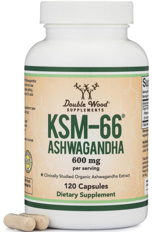 Front label of Double Wood Ashwagandha KSM-66 Organic 600mg supplement with 120 capsules