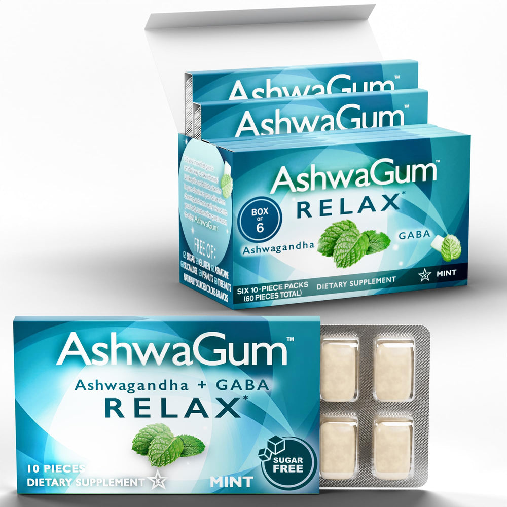 Front packaging of AshwaGum RELAX Gum by BetterGum