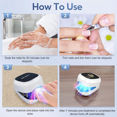 ASLAWU hand-held laser device in use on a nail at home.