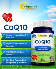 Asquared Nutrition CoQ10 label closeup shows potency and ingredients.