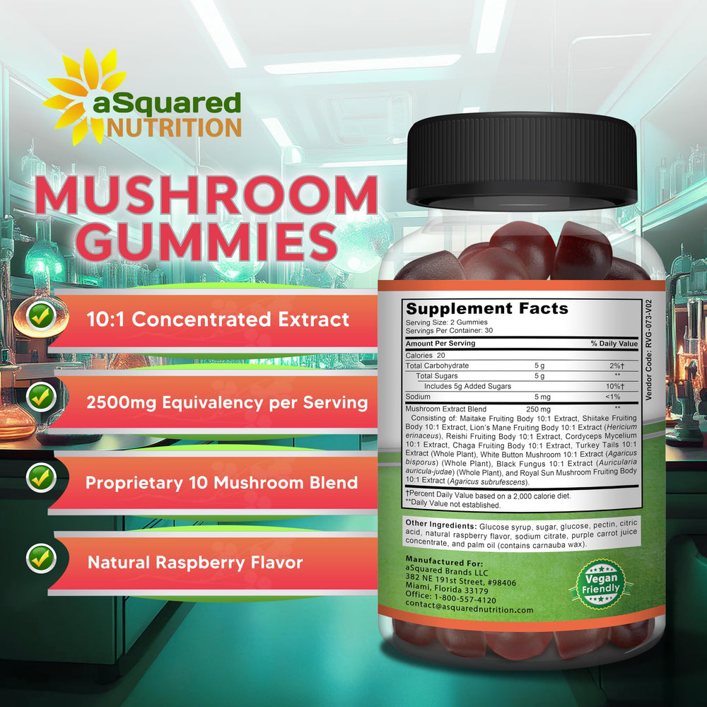 Gummies illustrating cognitive and energy support with Lion's Mane and Reishi
