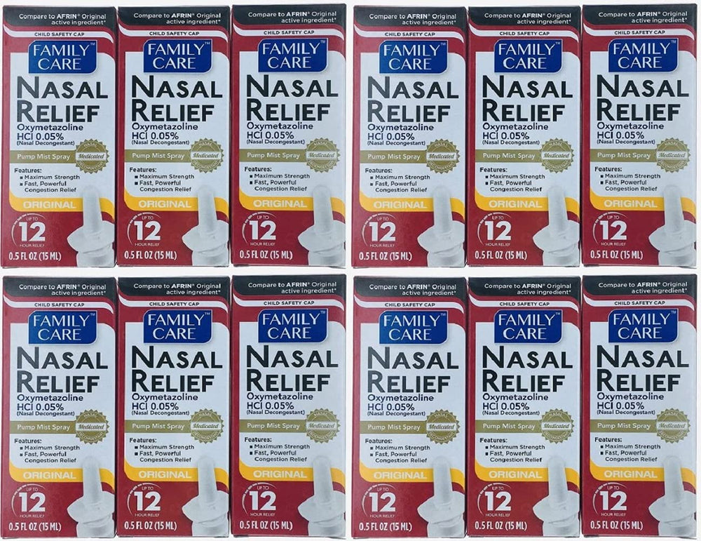 ASSURED Nasal Relief Spray 12-pack box for bulk family care use.