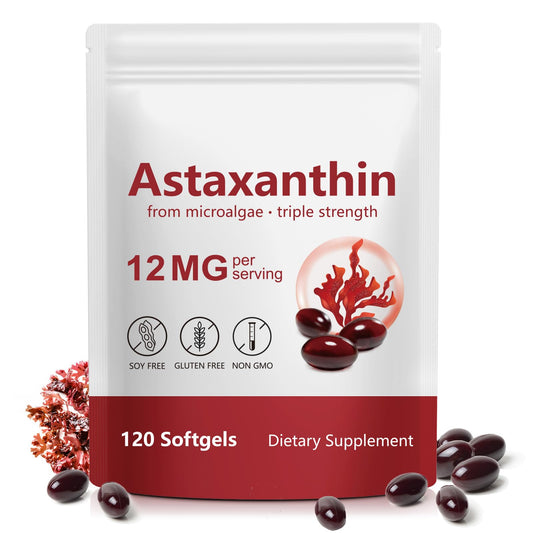 Astaxanthin supplement bottle with 12mg 120 softgels